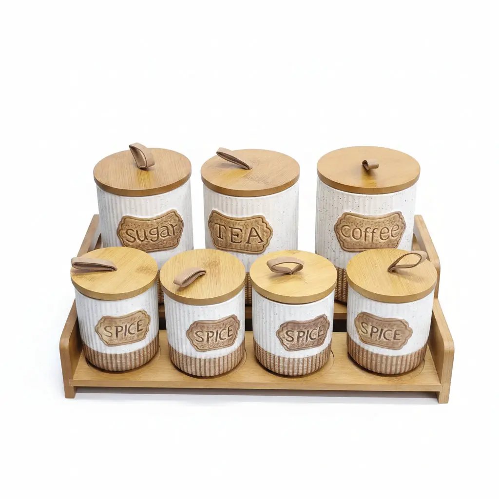 7-Piece White Speckled Ceramic Canister Set with Wooden Stand Kitchen & Dining Food Storage Containers