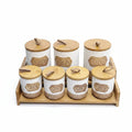 7-Piece White Speckled Ceramic Canister Set with Wooden Stand Kitchen & Dining Food Storage Containers
