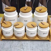 7-Piece White Speckled Ceramic Canister Set with Wooden Stand Kitchen & Dining Food Storage Containers