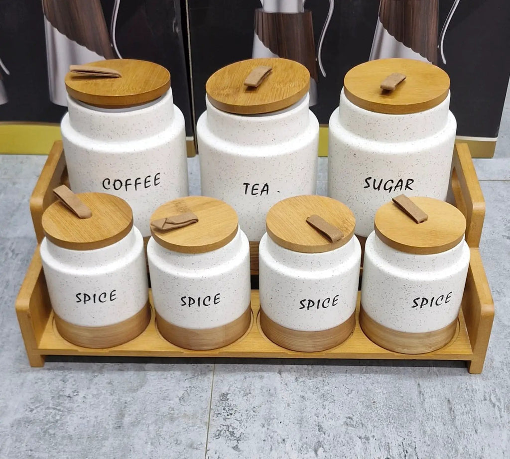 7-Piece White Speckled Ceramic Canister Set with Wooden Stand Kitchen & Dining Food Storage Containers