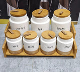 7-Piece White Speckled Ceramic Canister Set with Wooden Stand Kitchen & Dining Food Storage Containers