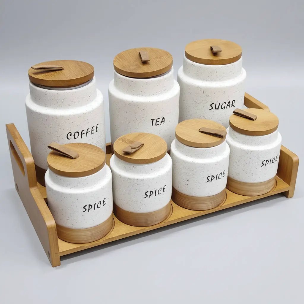 7-Piece White Speckled Ceramic Canister Set with Wooden Stand Kitchen & Dining Food Storage Containers