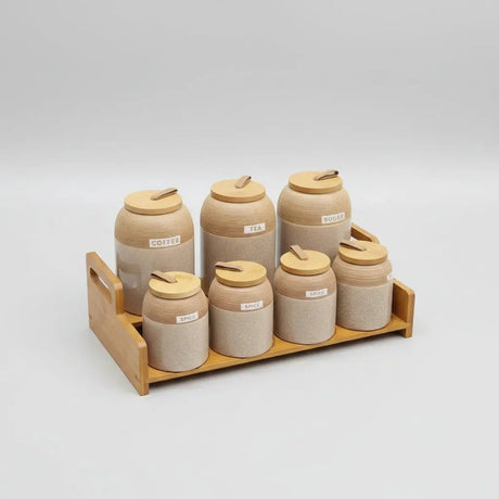 7-Piece Speckled Ceramic Spice Jar Set with Wooden Stand Kitchen & Dining Food Storage Containers