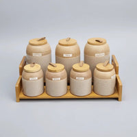 7-Piece Speckled Ceramic Spice Jar Set with Wooden Stand Kitchen & Dining Food Storage Containers
