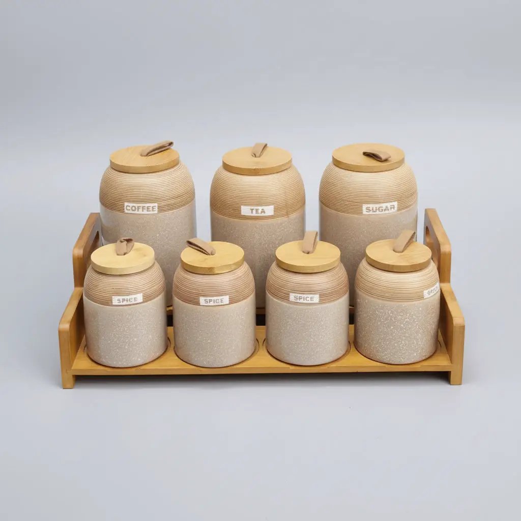7-Piece Speckled Ceramic Spice Jar Set with Wooden Stand Kitchen & Dining Food Storage Containers