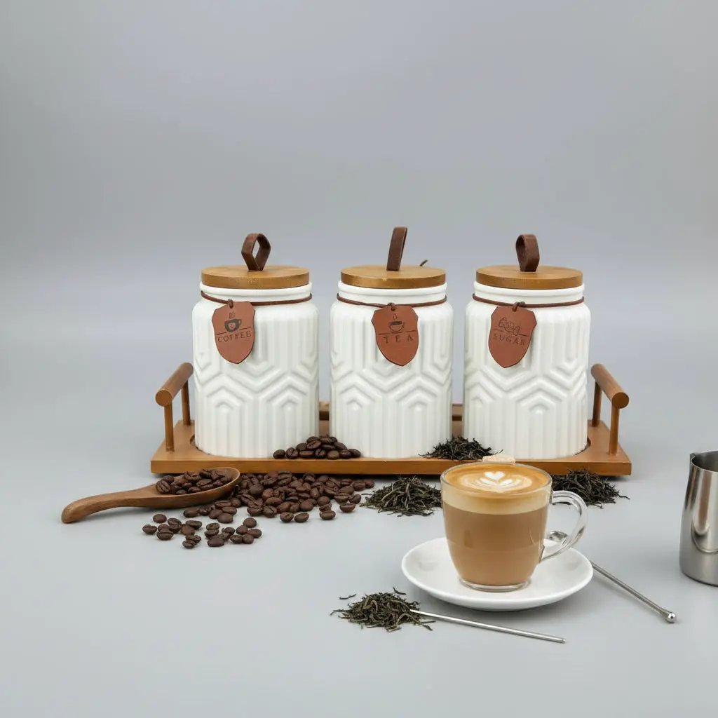 7-Piece Aesthetic Ceramic Storage Jar Set with Wooden Stand Kitchen & Dining Food Storage Containers