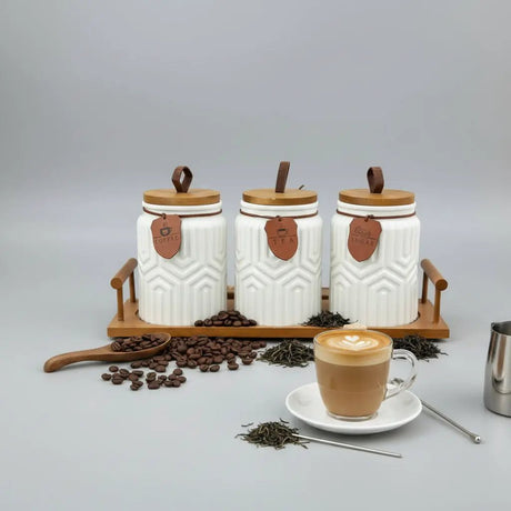 7-Piece Aesthetic Ceramic Storage Jar Set with Wooden Stand Kitchen & Dining Food Storage Containers