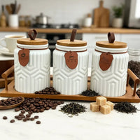 7-Piece Aesthetic Ceramic Storage Jar Set with Wooden Stand Kitchen & Dining Food Storage Containers