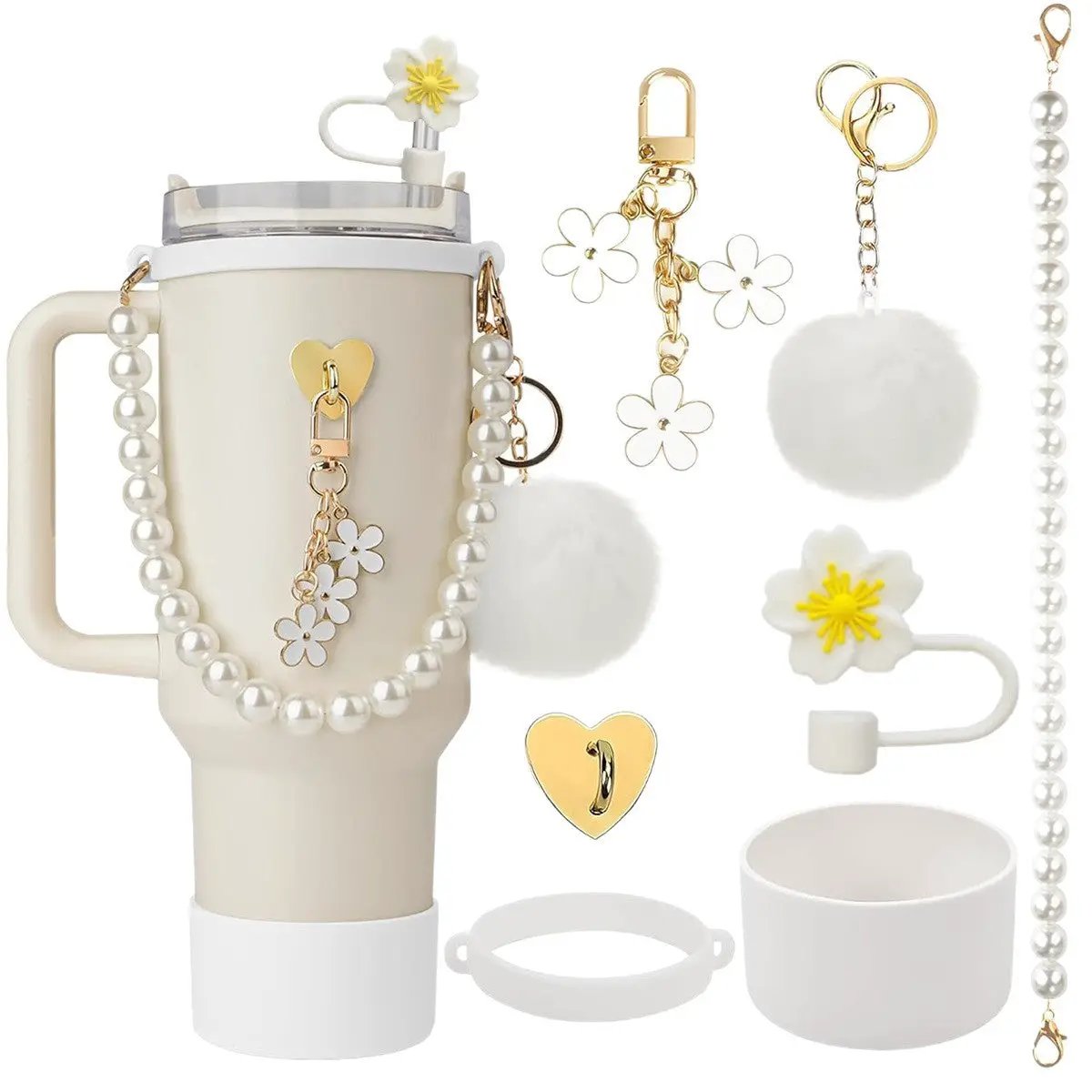 5-Piece Stanley Cup Accessories Set with Pompom & Pearl Kitchen & Dining Drink Sleeves