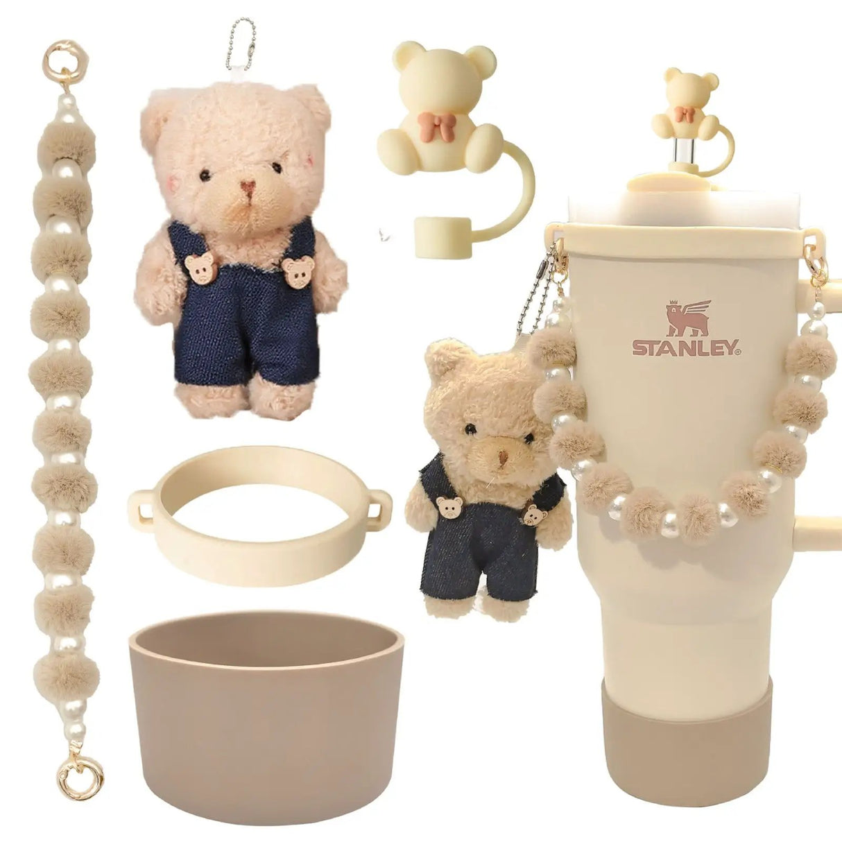 5-Piece Stanley Cup Accessories Set with Pompom & Pearl Kitchen & Dining Drink Sleeves