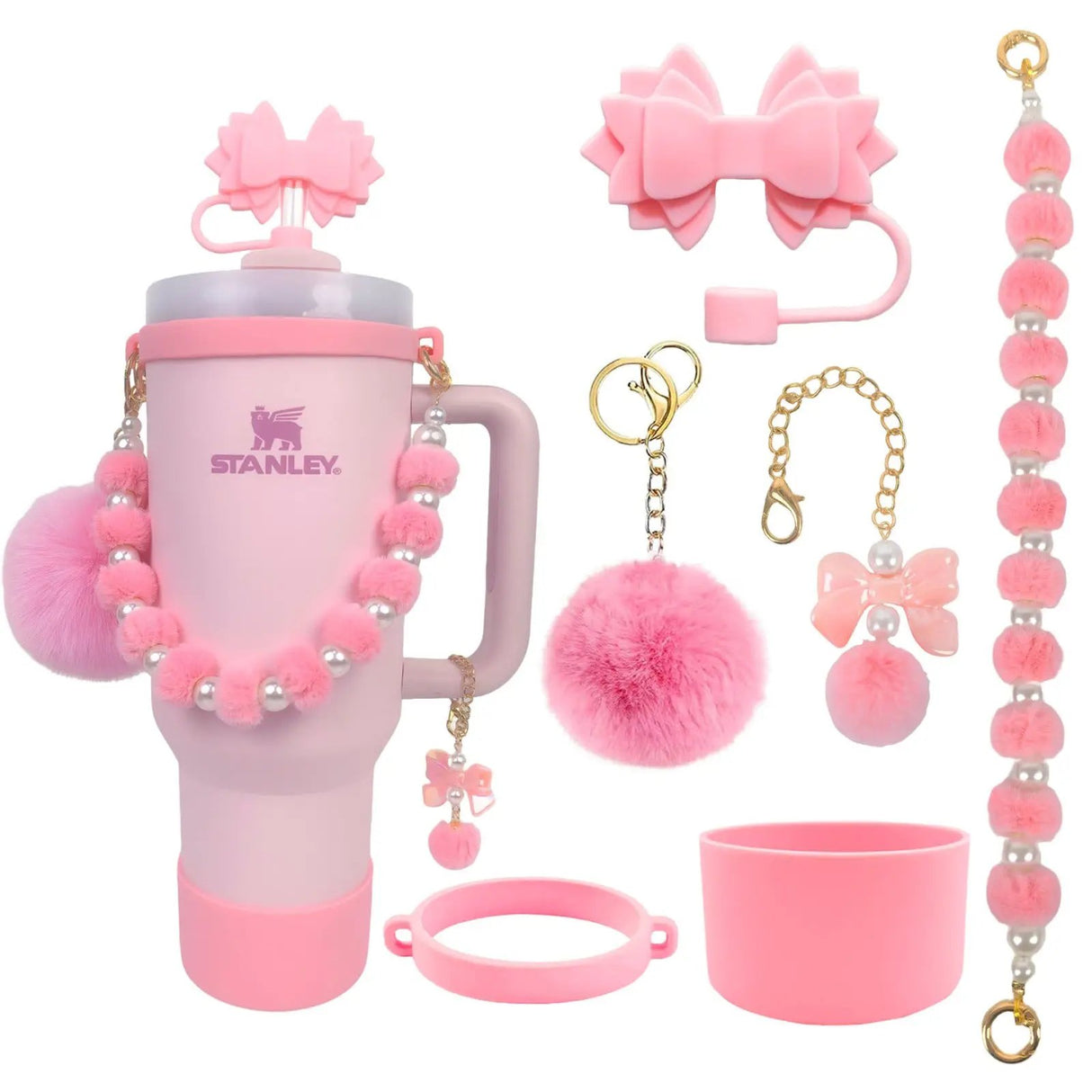 5-Piece Stanley Cup Accessories Set with Pompom & Pearl Kitchen & Dining Drink Sleeves