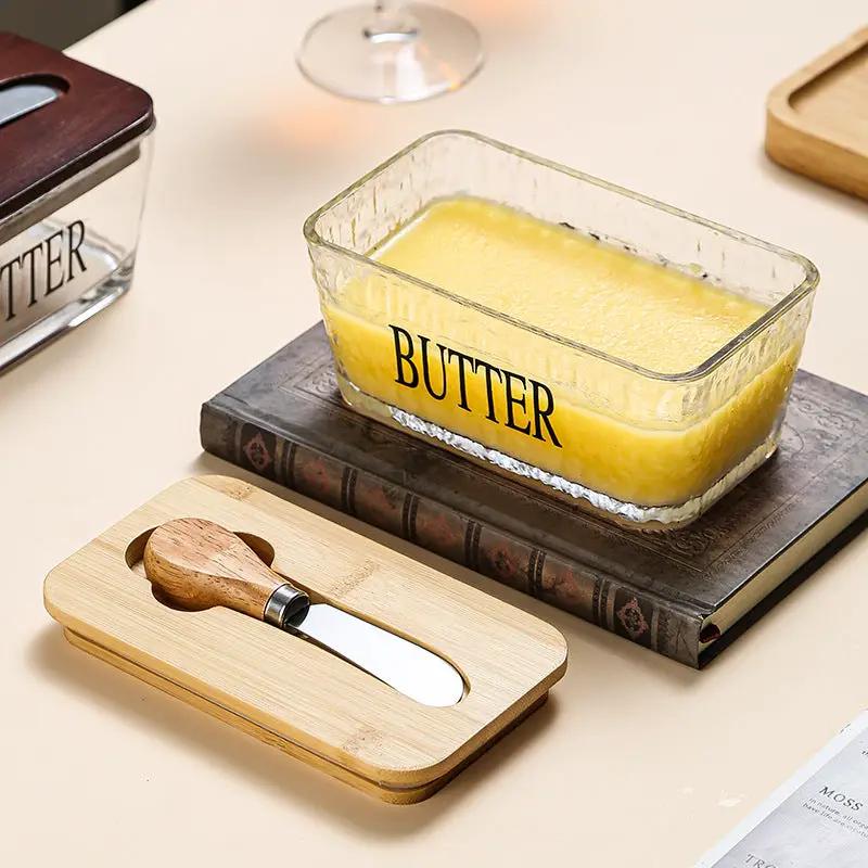 Glass Butter Tin with Bamboo Lid Kitchen Storage Butter Dishes