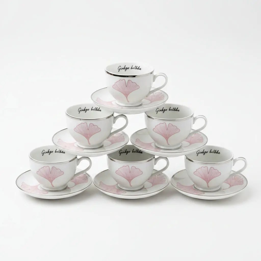 Bone China Cup & Saucer Pink Biloba Set with Gold Stand Kitchenware Coffee Sets