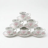 Bone China Cup & Saucer Pink Biloba Set with Gold Stand Kitchenware Coffee Sets