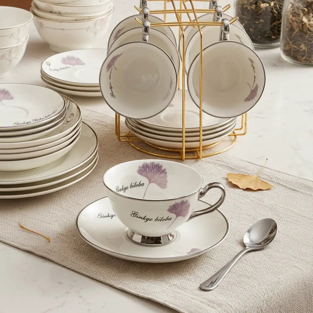 Bone China Cup & Saucer Pink Biloba Set with Gold Stand Kitchenware Coffee Sets