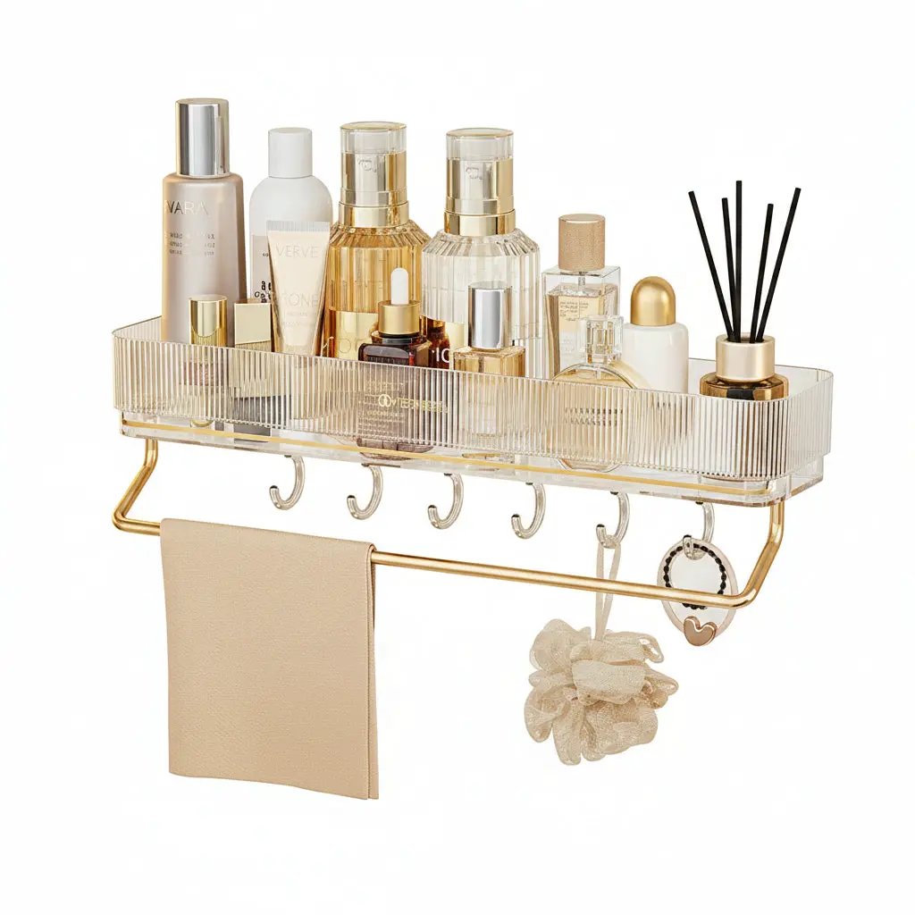 Wall Shelf with Towel Bar & 6 Hooks Home Decor Towel Bars