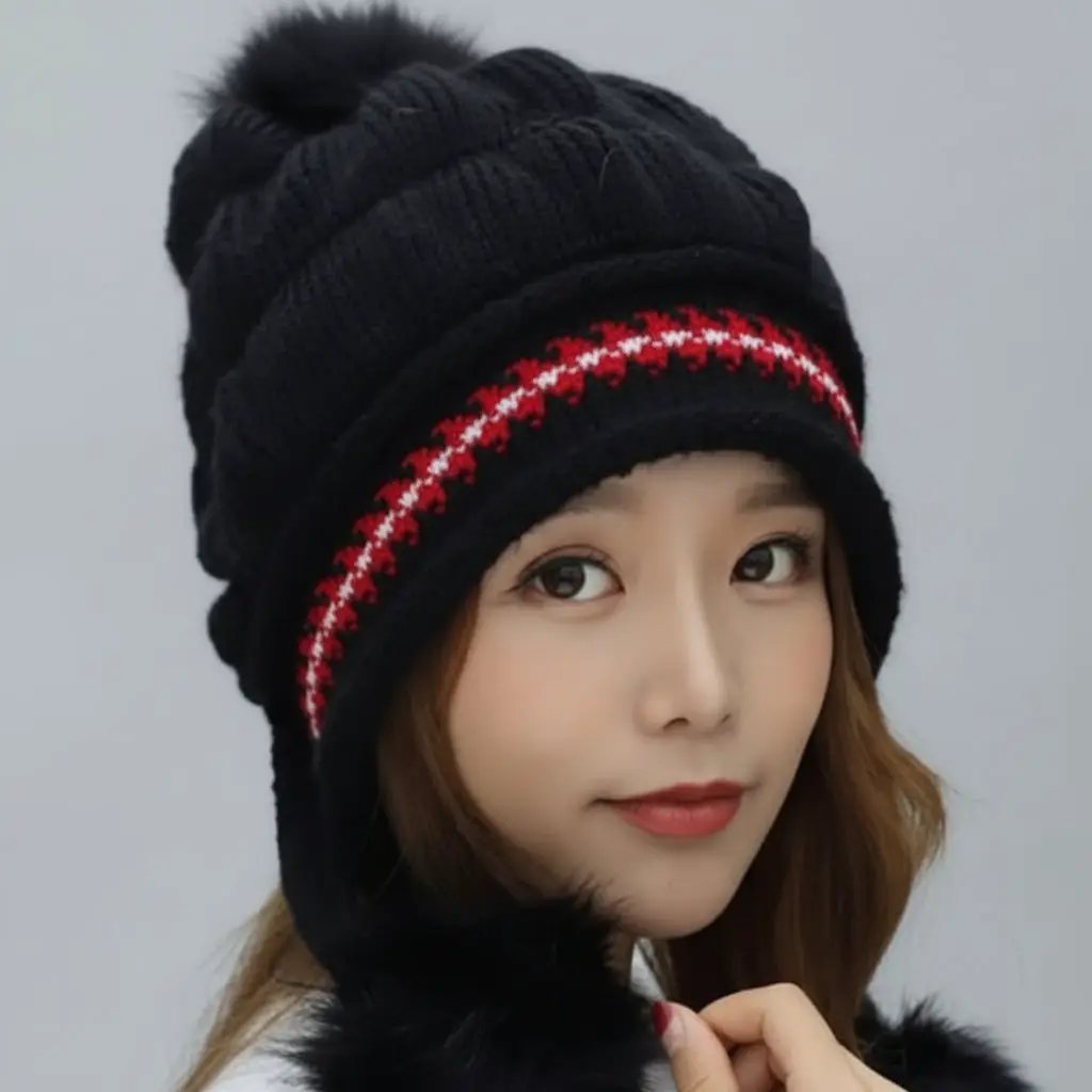Women's Fleece-Lined Windproof Knit Pullover Hat Fashion Accessories Beanies
