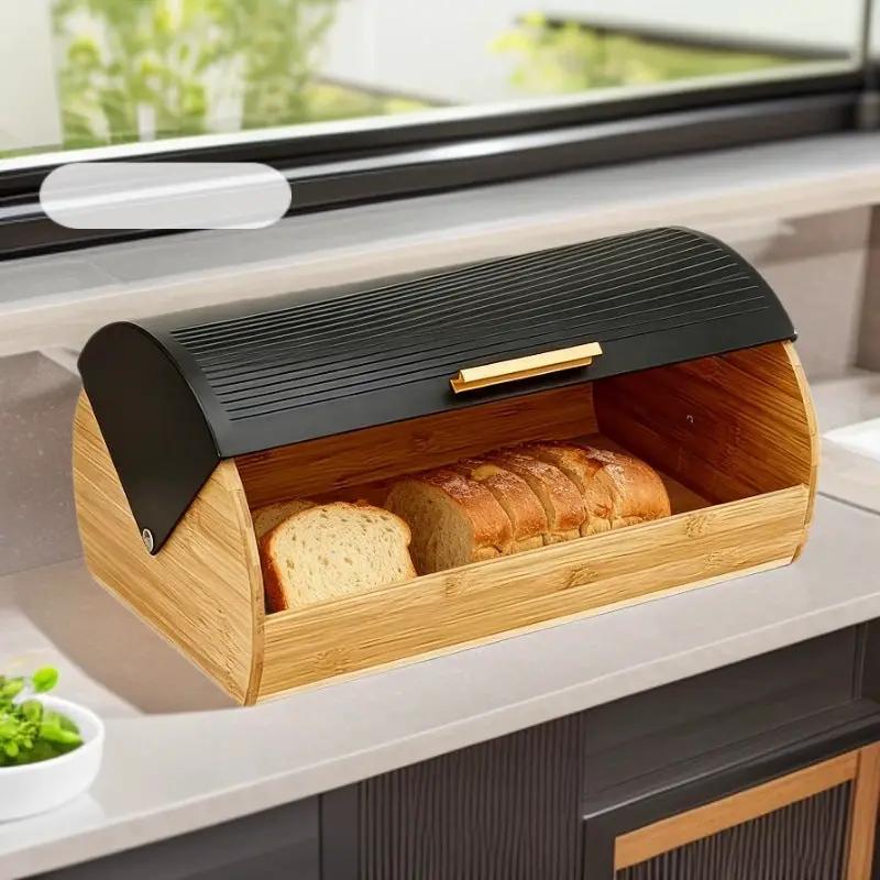 Bamboo Bread Box with Roll-Top Black Lid Kitchen & Storage Bread Boxes
