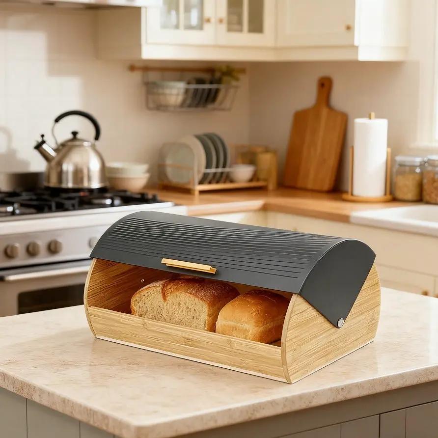 Bamboo Bread Box with Roll-Top Black Lid Kitchen & Storage Bread Boxes