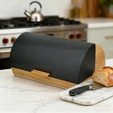 Bamboo Bread Box with Roll-Top Black Lid Kitchen & Storage Bread Boxes