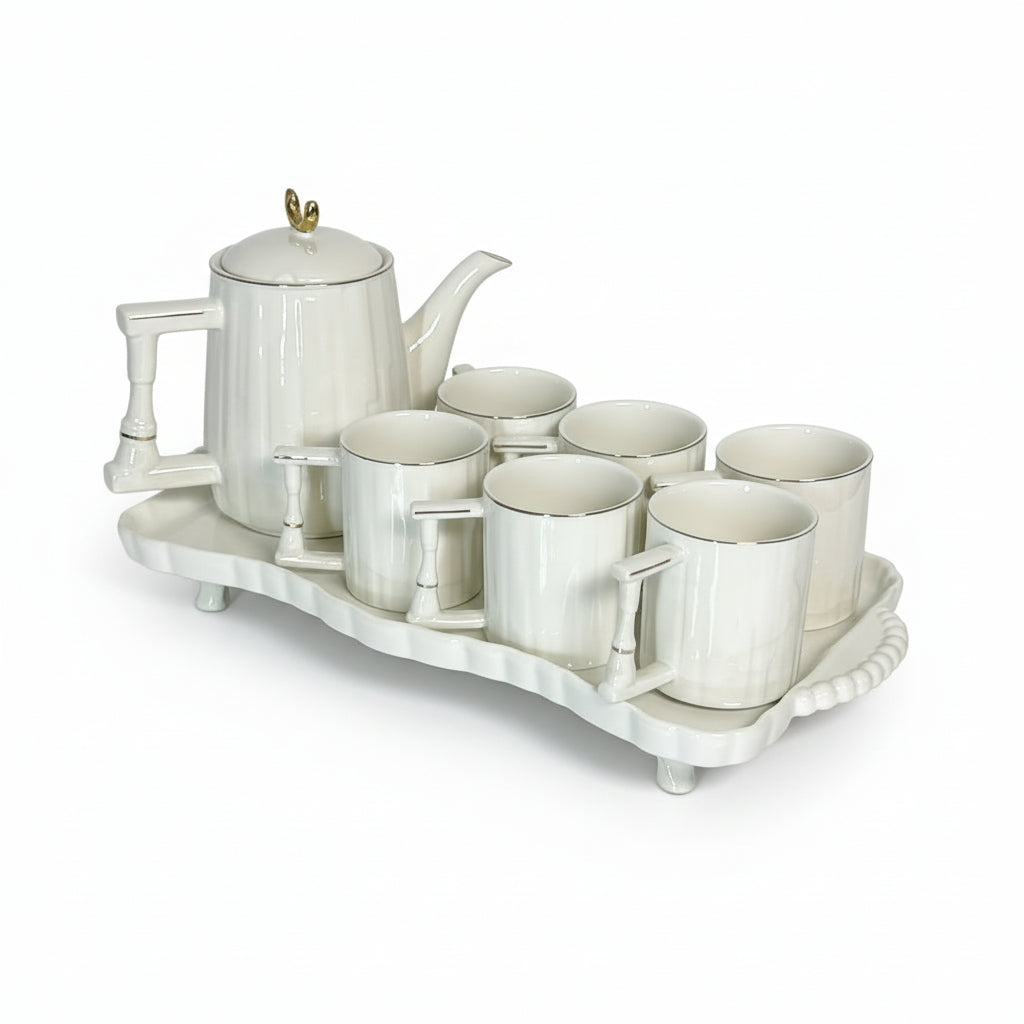 White Ribbed Tea Set 7pc with Ceramic Tray Kitchen & Dining Tea Sets