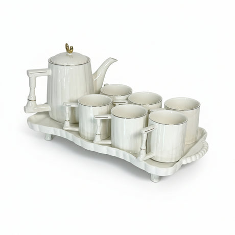White Ribbed Tea Set 7pc with Ceramic Tray Kitchen & Dining Tea Sets