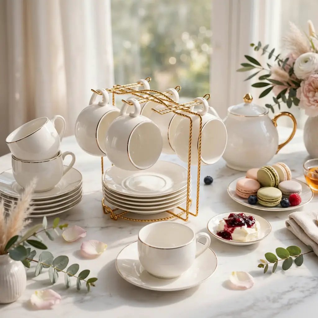 Fine Bone China Tea Set 12pc with Gold Stand Kitchen & Dining Tea Sets