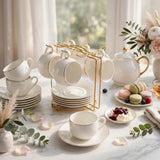 Fine Bone China Tea Set 12pc with Gold Stand Kitchen & Dining Tea Sets