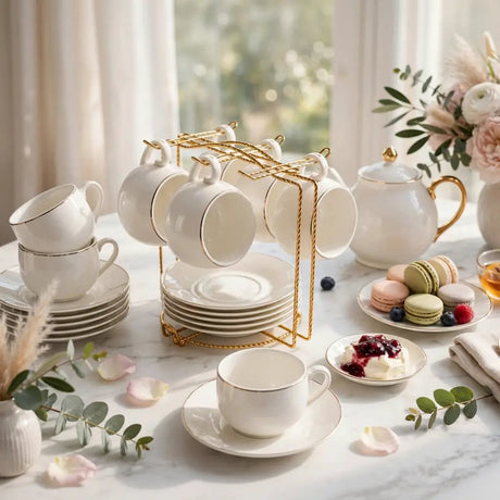 Fine Bone China Tea Set 12pc with Gold Stand Kitchen & Dining Tea Sets