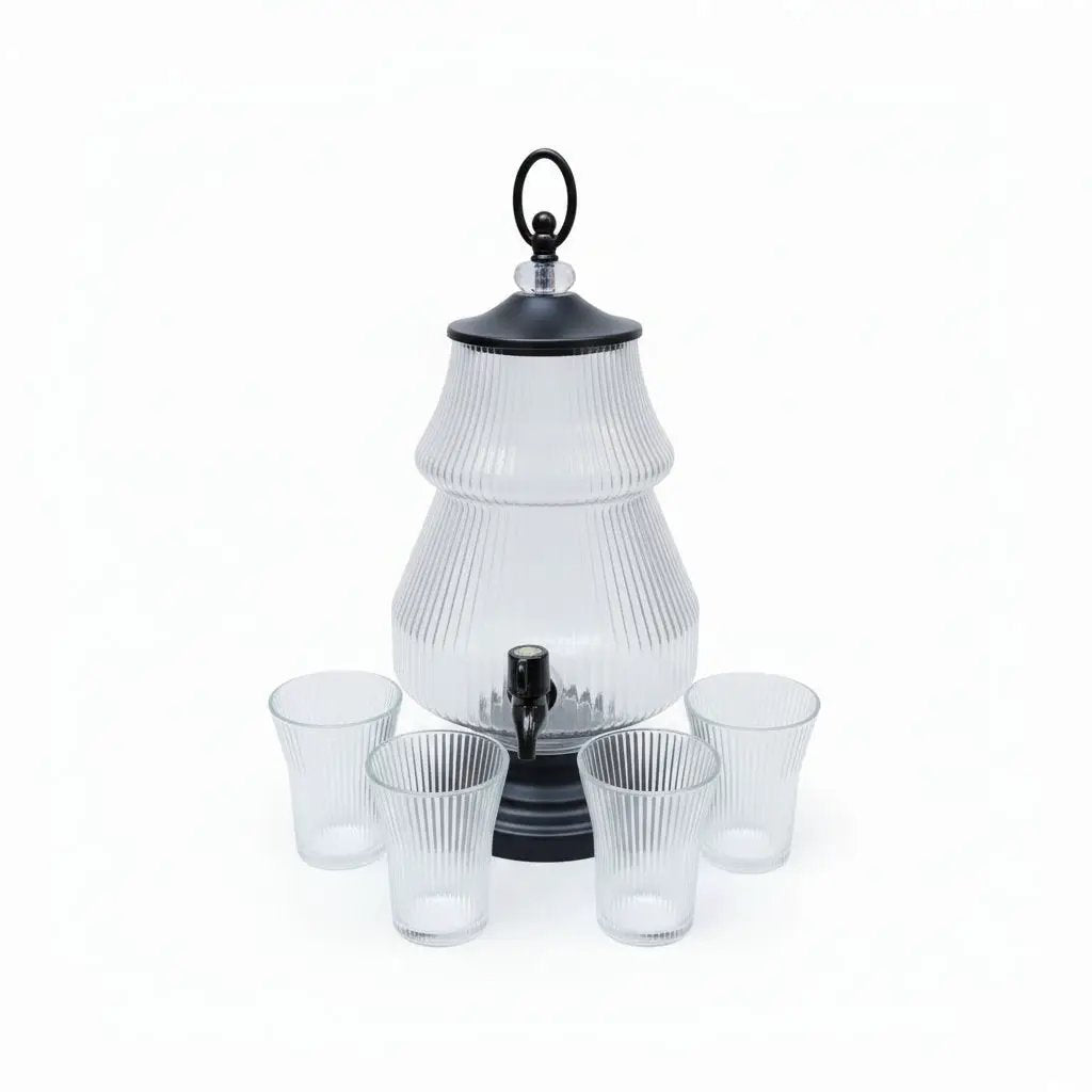 Luxury Ribbed Glass Juice Dispenser Set 7pc Kitchenware Serving Pitchers & Carafes