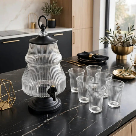 Luxury Ribbed Glass Juice Dispenser Set 7pc Kitchenware Serving Pitchers & Carafes