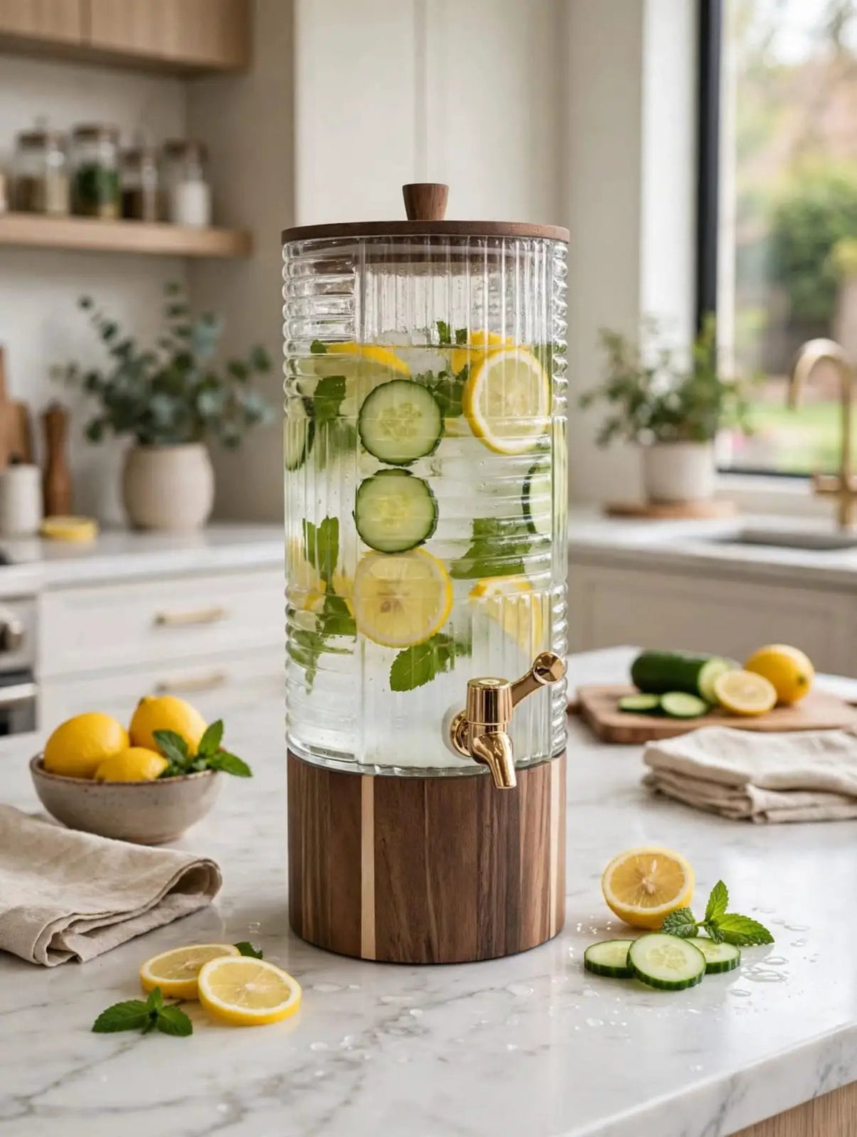 Luxury Ribbed Glass Juice Dispenser Set 7pc Kitchenware Serving Pitchers & Carafes
