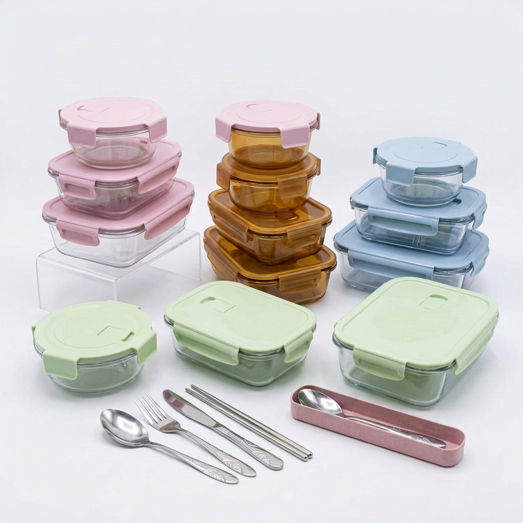 3-in-1 Glass Lunch Box Set with Thermal Bag and Cutlery