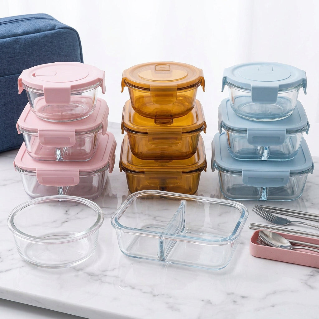 3-in-1 Glass Lunch Box Set with Thermal Bag and Cutlery