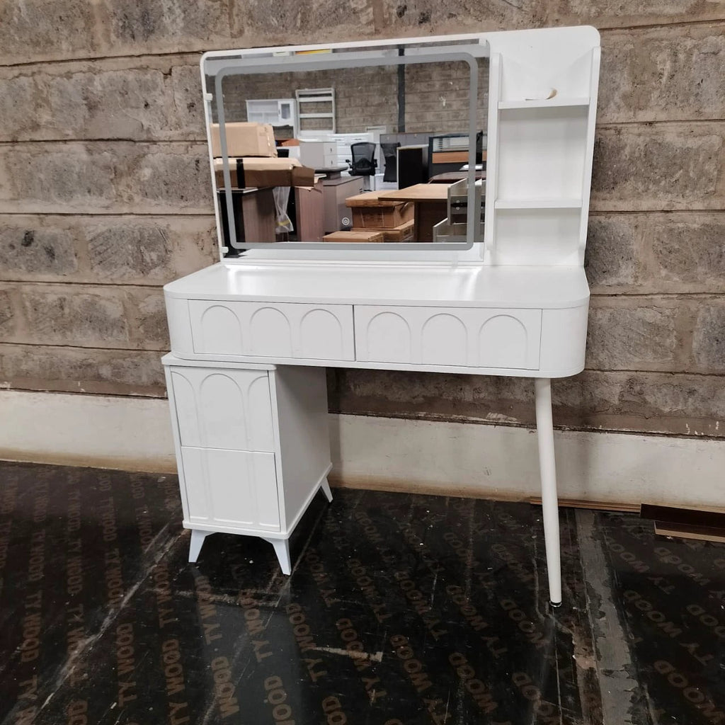 White Modern Dressing Table with Mirror Storage Drawers & Open Shelves for Makeup & Accessories Makeup Vanities