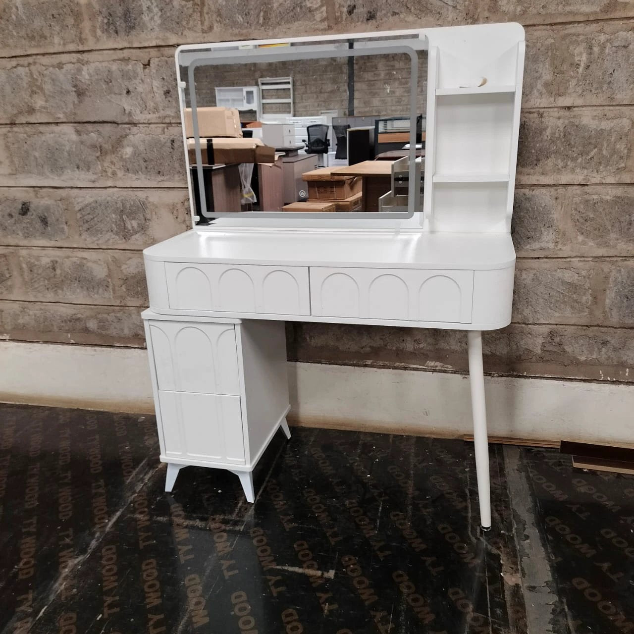 White Modern Dressing Table with Mirror Storage Drawers & Open Shelves for Makeup & Accessories Makeup Vanities