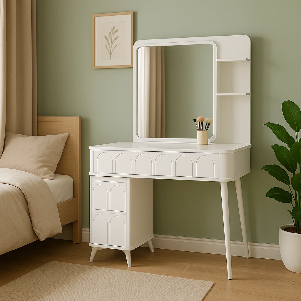 White Modern Dressing Table with Mirror Storage Drawers & Open Shelves for Makeup & Accessories Makeup Vanities