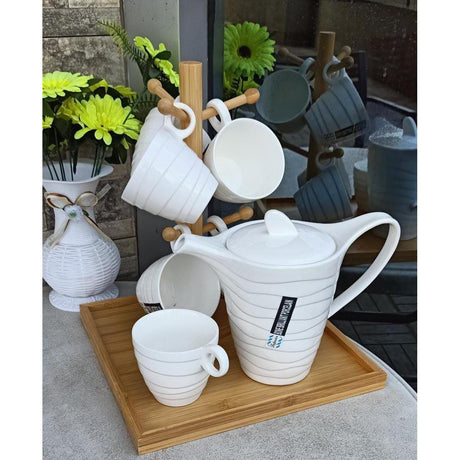White Tea Set with Bamboo Stand Kettle 1100ml Cup Capacity 270cc Perfect For Tea Time At Home Or In An Office Setting