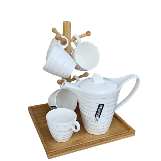 White Tea Set with Bamboo Stand Kettle 1100ml Cup Capacity 270cc Perfect For Tea Time At Home Or In An Office Setting