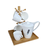 White Tea Set with Bamboo Stand Kettle 1100ml Cup Capacity 270cc Perfect For Tea Time At Home Or In An Office Setting