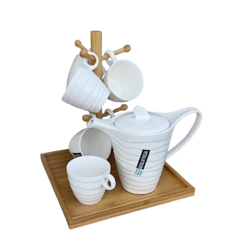 White Tea Set with Bamboo Stand Kettle 1100ml Cup Capacity 270cc Perfect For Tea Time At Home Or In An Office Setting