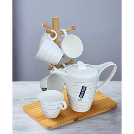 White Tea Set with Bamboo Stand Kettle 1100ml Cup Capacity 270cc Perfect For Tea Time At Home Or In An Office Setting