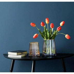 Wide Nordic Green Glass Vase with Gold Accent 28cm Elegant Home Decor Piece Living Rooms, Dining Areas, Bedrooms, Offices Living Room Decor Vases