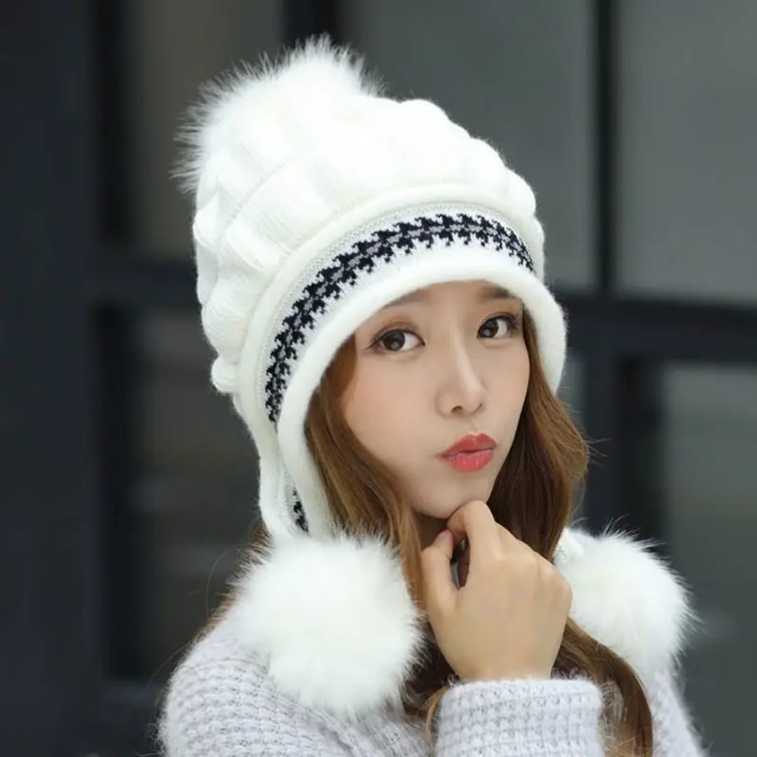 Women's Fleece-Lined and Thickened Knit Pullover Hat Outdoor Windproof Warm Style Headwear
