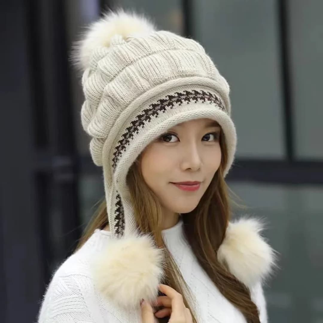 Women's Fleece-Lined and Thickened Knit Pullover Hat Outdoor Windproof Warm Style Headwear