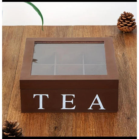Wooden 9 Grids Tea Box |Tea Bags Storage Container with Transparent Top Lid