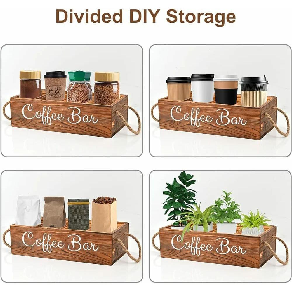 Wooden Coffee/Tea Organizer with 3 Removable Dividers | Eco-Friendly, Hand-Painted Coffee Bar Design