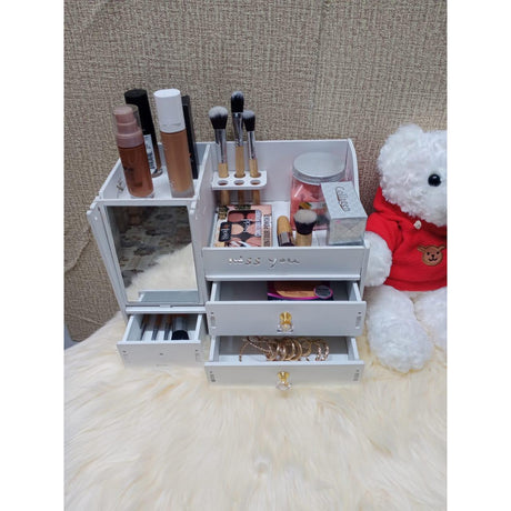 Wooden Makeup Organizer Drawer with Mirror Large Capacity Beauty Storage