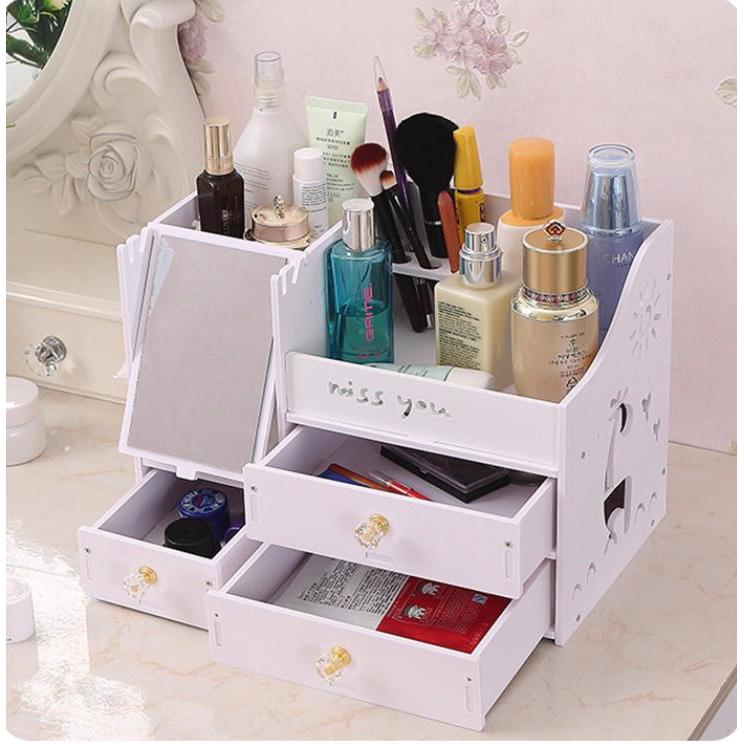Wooden Makeup Organizer Drawer with Mirror Large Capacity Beauty Storage