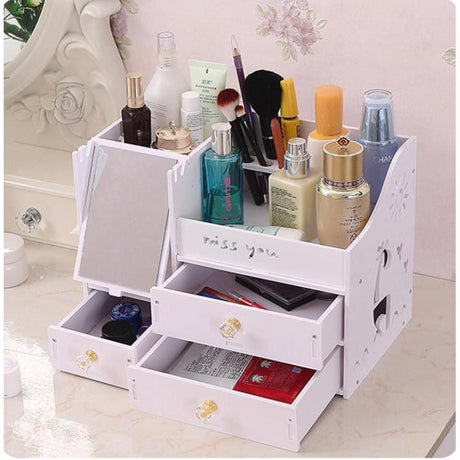 Wooden Makeup Organizer Drawer with Mirror Large Capacity Beauty Storage